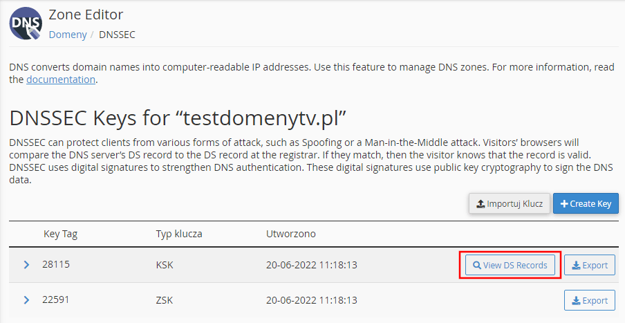 podglad wygeneowanych kluczy dnssec